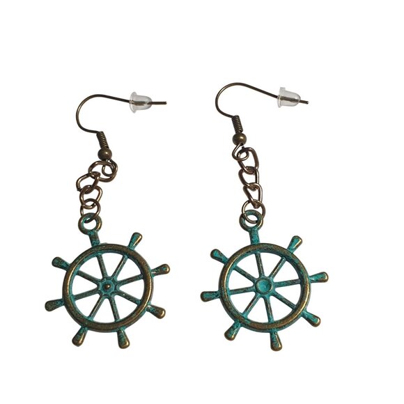Nautical Bronze Patina Steering Wheel Dangle Earrings Hook Lightweight Jewelry - Picture 2 of 4